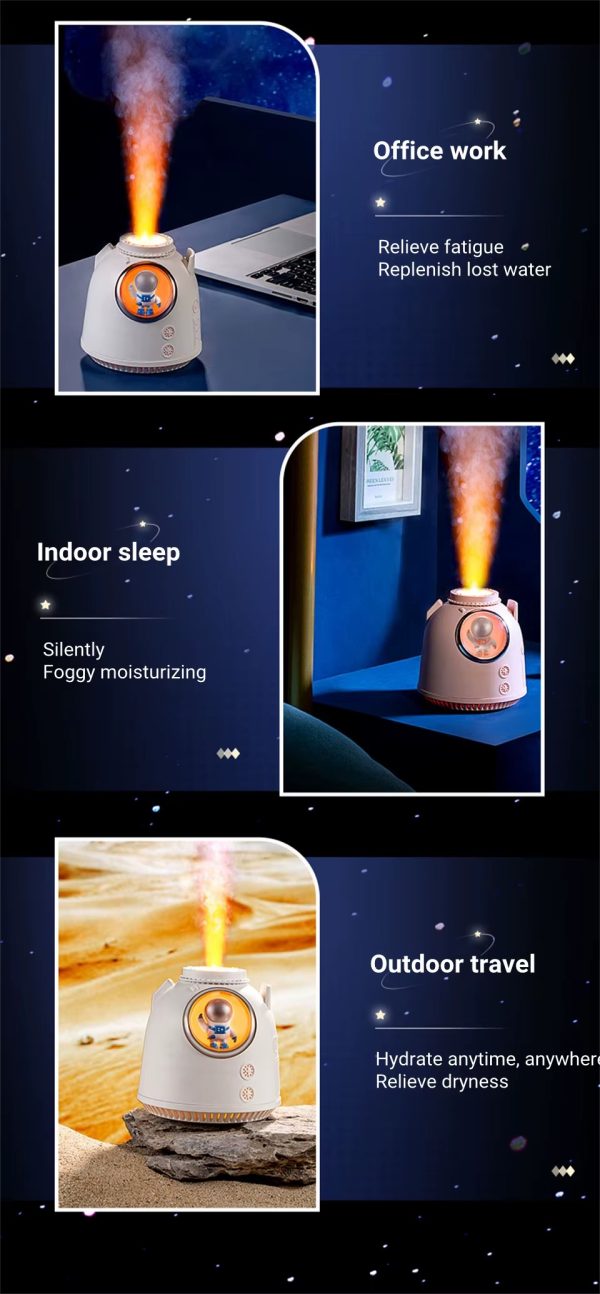 Astronaut Ultrasonic Air Humidifier – 260ml Mini Cool Mist, Night Light & Aroma Diffuser