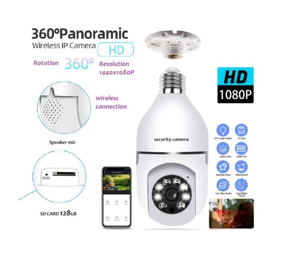 1080P WiFi Bulb Camera – 360° Panoramic View, Night Vision, Full HD Home Security CCTV