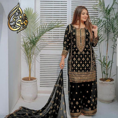 Organza Fancy 3-Piece Suit with Embroidered Sharara – Luxury Ethnic Wear