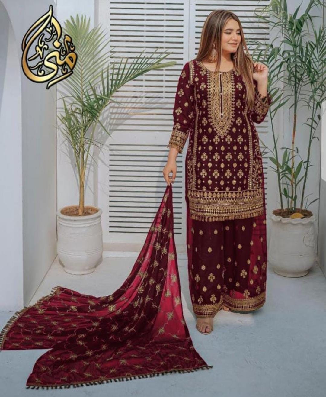 Organza Fancy 3-Piece Suit with Embroidered Sharara – Luxury Ethnic Wear