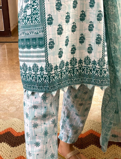 Linen Fabric Printed 3-Piece Suit with Handmade Work