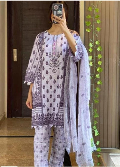 Linen Fabric Printed 3-Piece Suit with Handmade Work