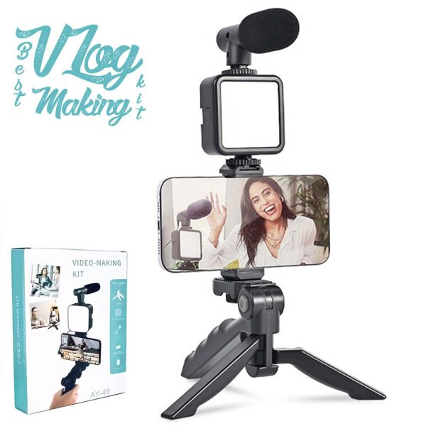 AY-49 Vlogger Video Making Kit - Microphone, LED Fill Light, Mini Tripod & Mobile Holder