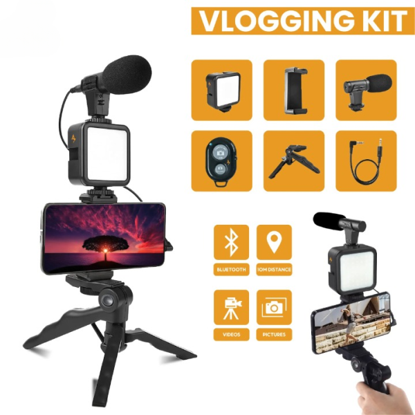 AY-49 Vlogger Video Making Kit - Microphone, LED Fill Light, Mini Tripod & Mobile Holder