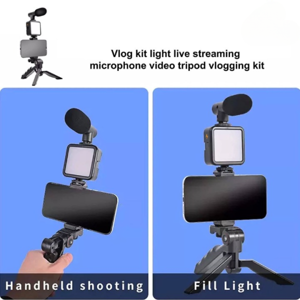 AY-49 Vlogger Video Making Kit - Microphone, LED Fill Light, Mini Tripod & Mobile Holder