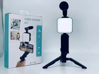 AY-49 Vlogger Video Making Kit - Microphone, LED Fill Light, Mini Tripod & Mobile Holder