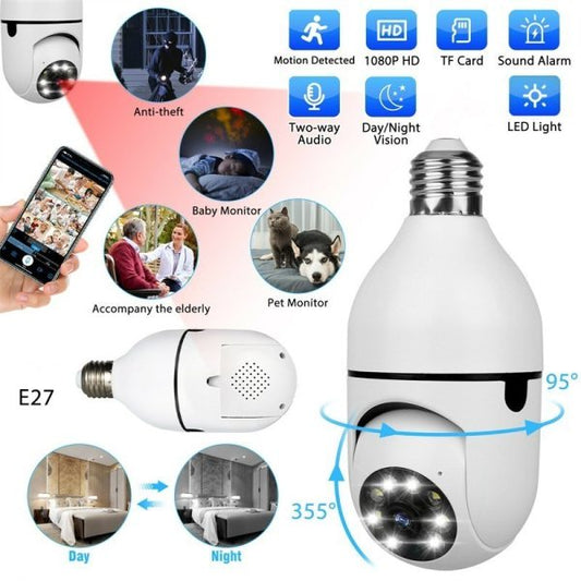 1080P WiFi Bulb Camera – 360° Panoramic View, Night Vision, Full HD Home Security CCTV