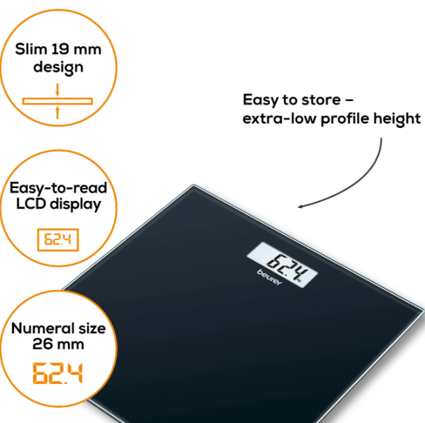 Beurer GS10 Digital Weight Scale – LCD Display, Adjustable Units (Black)