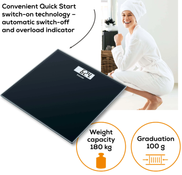 Beurer GS10 Digital Weight Scale – LCD Display, Adjustable Units (Black)