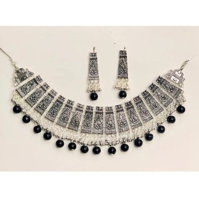 Black Pearl Silver Choker & Drop Earrings – Elegant Cultural Jewelry